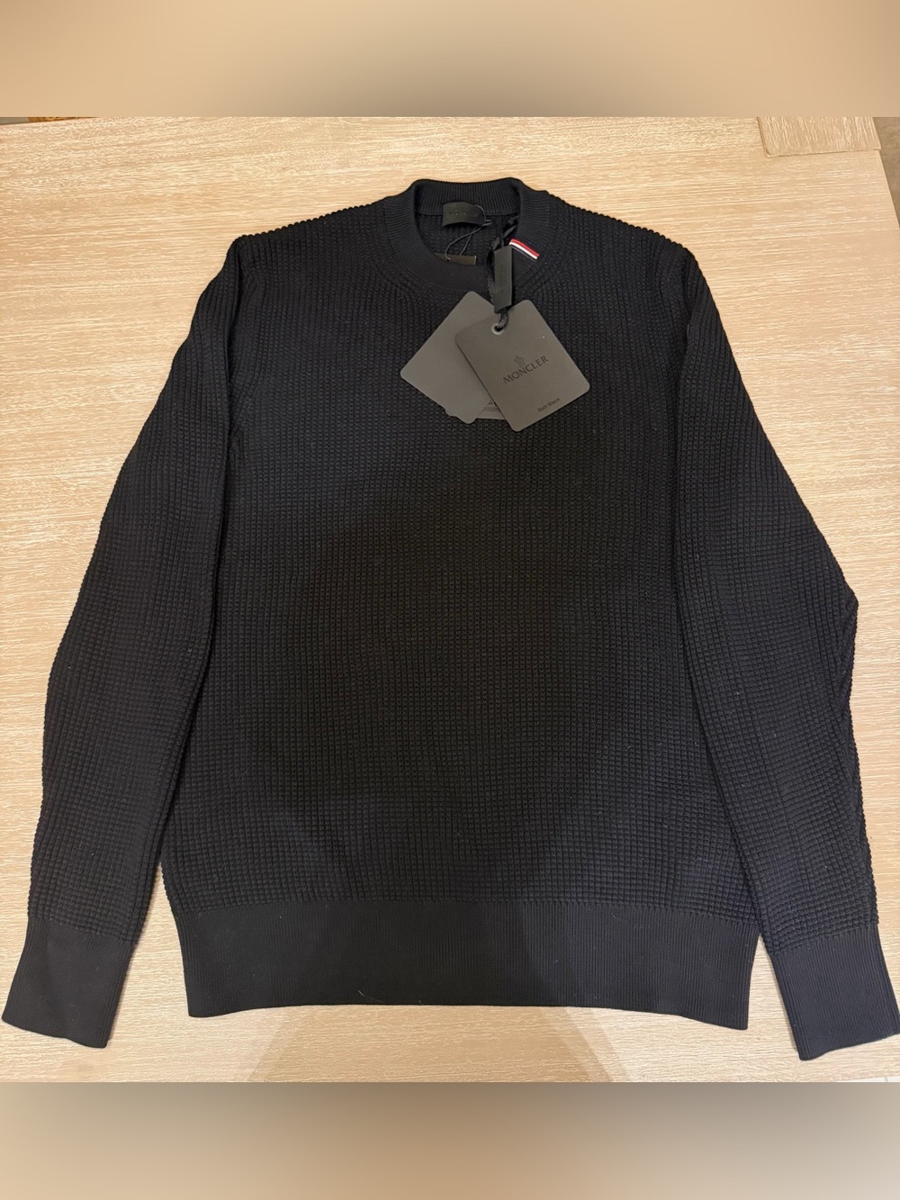 NWT Moncler Girocollo Tricot Logo Waffle Knit Crewneck Sweater Black Men’s L